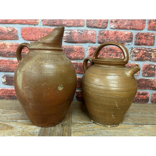 455 - Collection of antique brown salt glazed stoneware jugs, largest H 42cm (6)