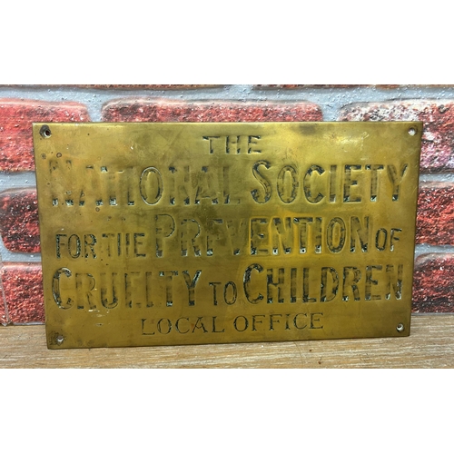 575 - Antique 'Royal Society For The Prevention Of Cruelty To Children' engraved brass sign, 38cm x 24cm