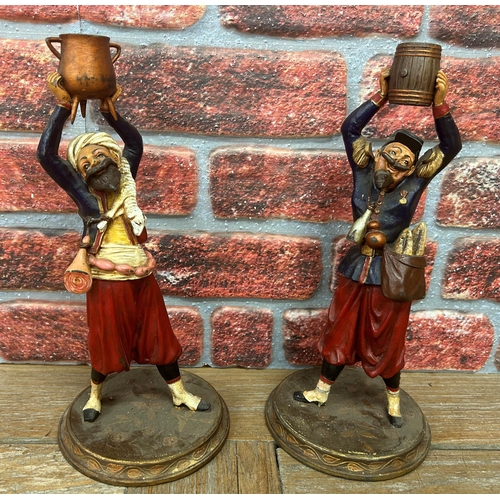 1398 - Pair of antique well painted Continental figural candlesticks of gentlemen raising pots, H 35cm (AF)