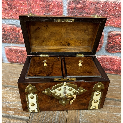 541 - Antique walnut domed tea caddy having adorned brass and bone decoration, to include original key, 20... 