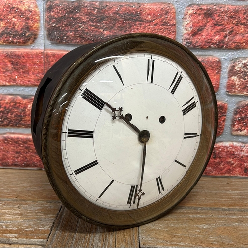 304 - A late 19th century antique cased station wall clock, with brass movement, indistinguishable makers ... 