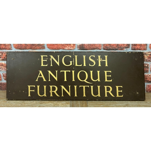 580 - Hand painted wooden 'English Antique Furniture' sign, 100cm x 35cm