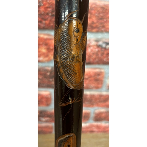 376 - Antique Japanese hand carved Koi carp walking stick with concealed fishing rod, L 95cm