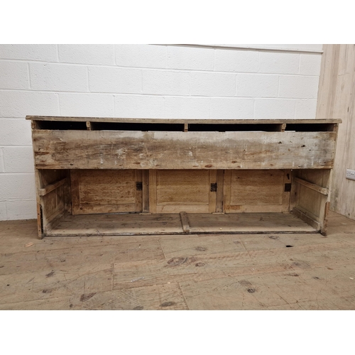 1034 - Victorian painted pine kitchen table with stripped top and turned supports, H 73cm x W 107cm x D 66c... 