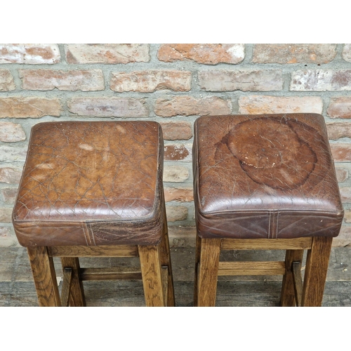 1192 - Pair of oak barstools with leather seats, H 80cm x W 30cm (2)