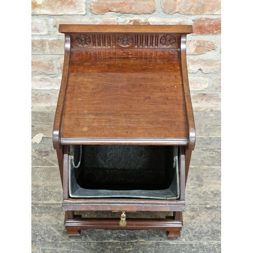 1193 - Antique mahogany coal scuttle with carved detail, H 60cm x W 35cm x D 38cm