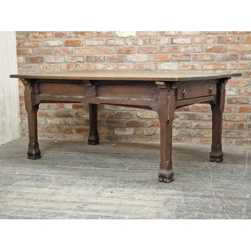 1194 - Good quality Arts and Crafts oak refectory table with planked top and two drawers, H 80cm x W 182cm ... 