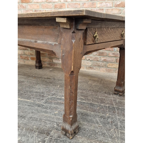 1194 - Good quality Arts and Crafts oak refectory table with planked top and two drawers, H 80cm x W 182cm ... 