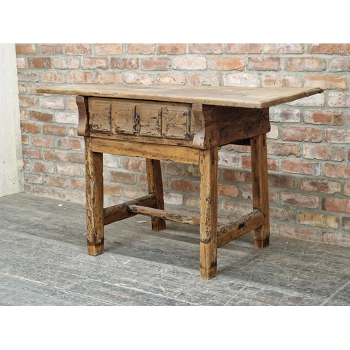 1199 - Antique rustic Spanish elm side table with single drawer, H 84cm x W 128cm x D 64cm