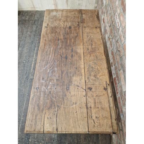 1199 - Antique rustic Spanish elm side table with single drawer, H 84cm x W 128cm x D 64cm