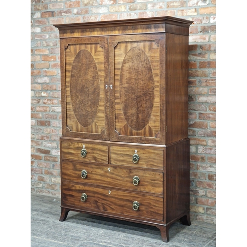 1200 - Good quality 19th century inlaid mahogany linen press, the top with two fielded panel doors enclosin... 