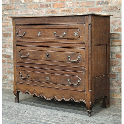 1202 - An early 19th century French provincial oak commode chest of four drawers, H 122cm x W 132cm x D 52c... 