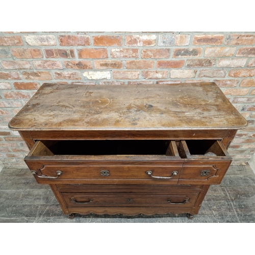 1202 - An early 19th century French provincial oak commode chest of four drawers, H 122cm x W 132cm x D 52c... 