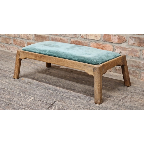 1205 - Arts and Crafts style oak footstool with drop in upholstered cushion, H 25cm x W 80cm x D 36cm