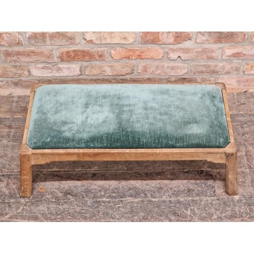 1205 - Arts and Crafts style oak footstool with drop in upholstered cushion, H 25cm x W 80cm x D 36cm