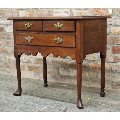 1209 - Georgian walnut lowboy with three drawers, raised on pad feet, H 73cm x W 79cm x D 49cm