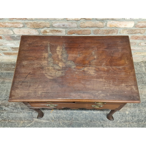 1209 - Georgian walnut lowboy with three drawers, raised on pad feet, H 73cm x W 79cm x D 49cm