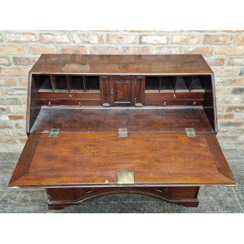 1211 - Unusual concave front Georgian mahogany bureau with five drawers and fitted interior, brass handles,... 