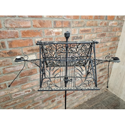 1215 - Antique French painted wrought iron duet/double lecturn stand with pierced scrolling detail, H 152cm