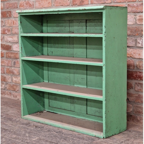 1219 - Antique painted open bookcase, H 93cm x W 91cm x D 30cm