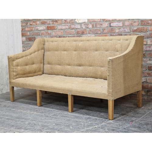 1220 - Contemporary three seat sofa with hessian upholstery, H 94cm x W 183cm x D 73cm