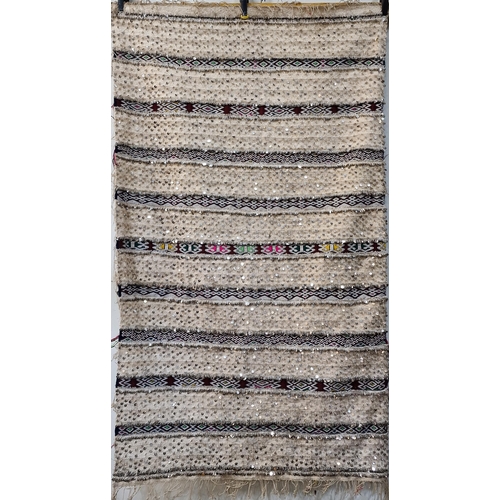 1611 - Large Native American Navaho Style wall hanging rug, profusely decorated in sequins, L230cm x W140cm