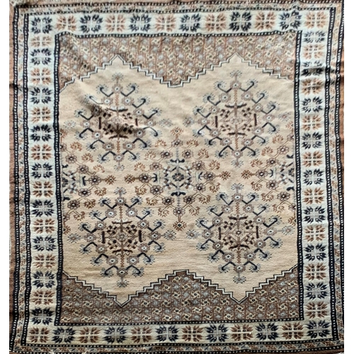 1591 - Large Bedouin style rug, bespoke geometric design on fawn ground, 294cm x 197cm