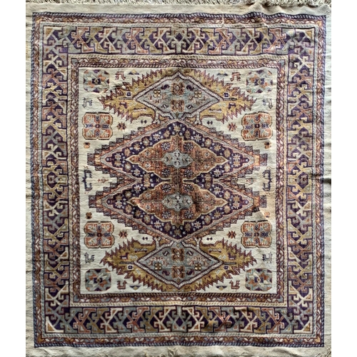 1620 - Persian Village rug, bespoke purple medallions, cream ground, 210cm x 160cm