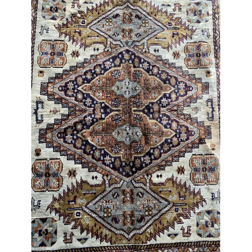 1620 - Persian Village rug, bespoke purple medallions, cream ground, 210cm x 160cm