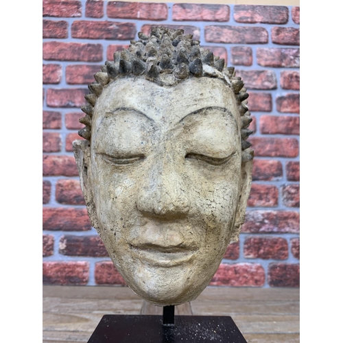 356 - Exceptional hand carved ancient stone Gandhara stucco Buddha head, held atop wooden plinth base, H 4... 