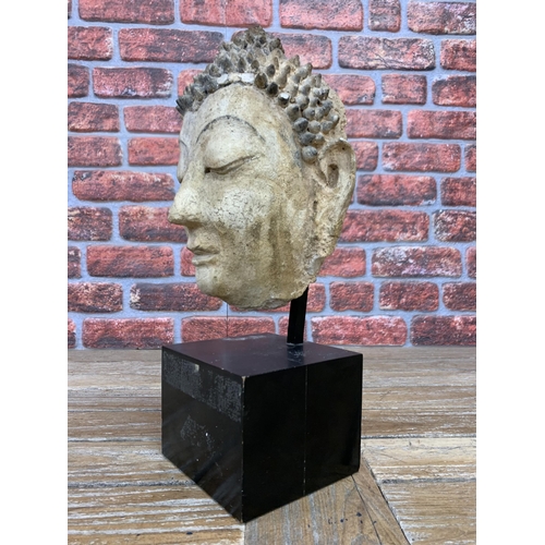 356 - Exceptional hand carved ancient stone Gandhara stucco Buddha head, held atop wooden plinth base, H 4... 