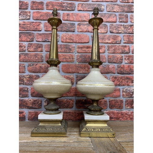 1400 - Pair of antique frosted glass and brass table lamps atop plinth base, H 75cm