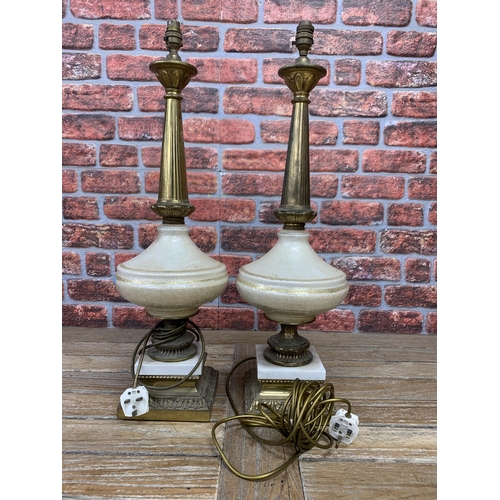 1400 - Pair of antique frosted glass and brass table lamps atop plinth base, H 75cm