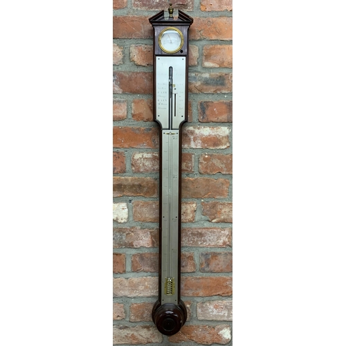 303 - Antique Dollond London 19th century mahogany stick barometer, the broken arched pediment centred by ... 