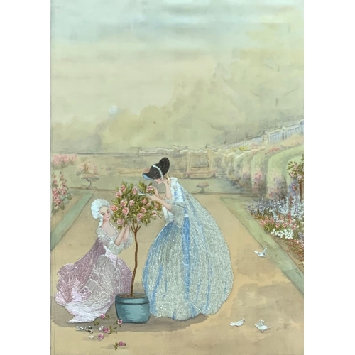 1492 - Good quality Victorian stitch work depicting two ladies in a floral garden, signed M. Lee, framed, 4... 