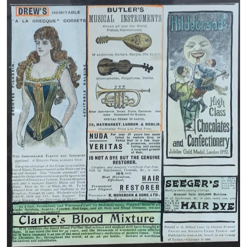 1493 - Early 20th century hand coloured advertising print to include instrument, corset and chocolate adver... 