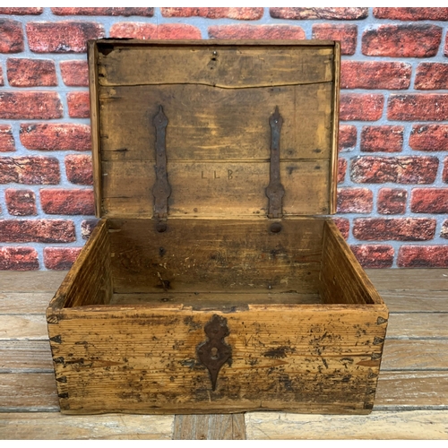 1172 - Antique pine and wrought iron rustic trunk, 60cm x 40cm x 25cm