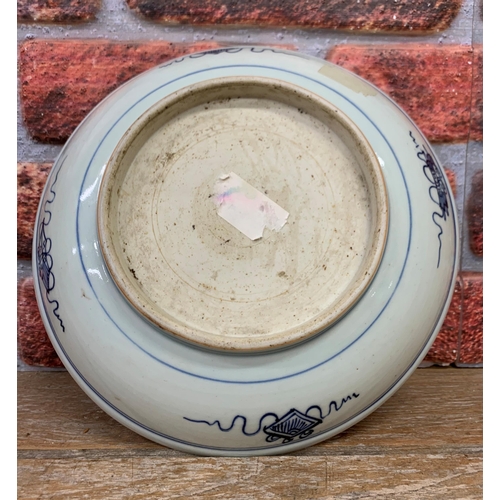 378 - Chinese export blue and white Kraak porcelain pedestal dish, central medallion decoration, 26.5cm di... 