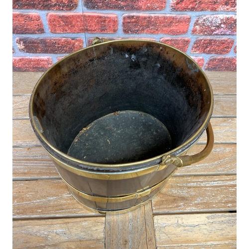 543 - Victorian oak and brass bound coal bucket having original brass liner, H 34cm x D 32cm