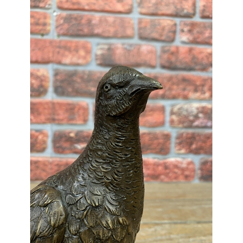 512 - Good quality bronze sculpture of game bird raised atop circular marble base, unsigned, H 25cm