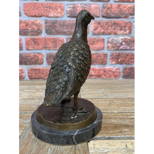 512 - Good quality bronze sculpture of game bird raised atop circular marble base, unsigned, H 25cm