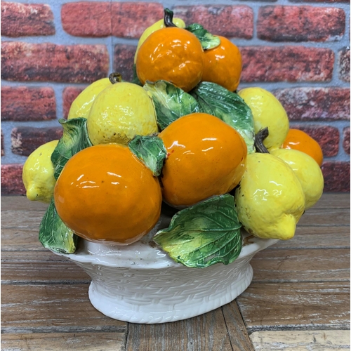 469 - Large Italian majolica lemon and orange fruit basket display, H 35cm