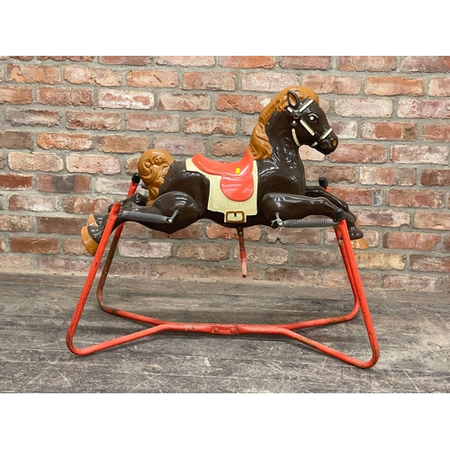 605 - Metal suspended rocking horse, painted horse on sprung frame, L 100cm x W 53cm x H 92cm