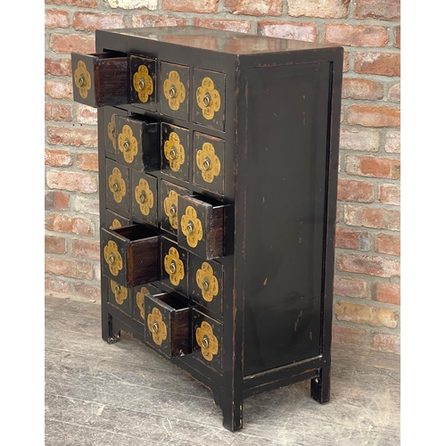 1236 - Chinese medical chest with gold medallion motifs to drawers, 20 Drawers, L 83cm x D 37cm x H 113cm