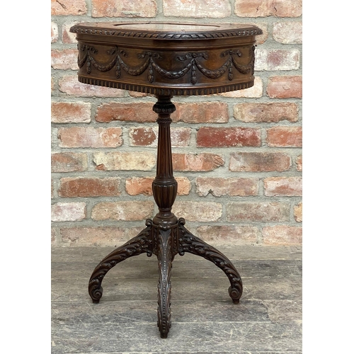 1237 - Good qulaity Irish carved mahogany sewing table on central column with carved acanthus feet, carved ... 