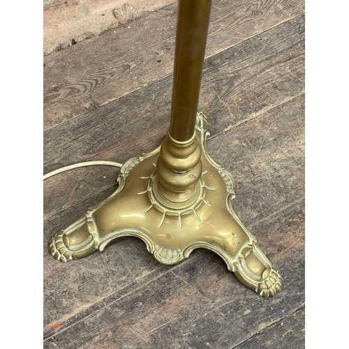 1416 - Good quality brass standard reading lamp, with Holophane shade, inscribed 'Holophane Rd 615447', 169... 