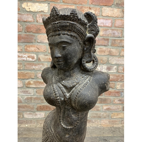 371 - Impressive Indonesian well carved stone statue of theatrical woman, atop carved stone plinth base, H... 