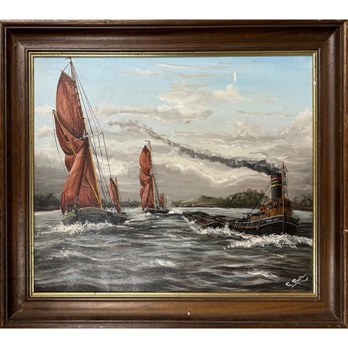 1497 - Mid 20th century school - 'Sail versus steam' river scene, signed M. Moulton, oil on canvas, 49cm x ... 