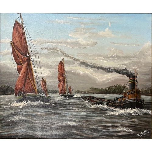 1497 - Mid 20th century school - 'Sail versus steam' river scene, signed M. Moulton, oil on canvas, 49cm x ... 