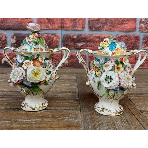 451 - Pair of antique Longton Hall floral encrusted porcelain lidded twin handled vases, late 18th century... 